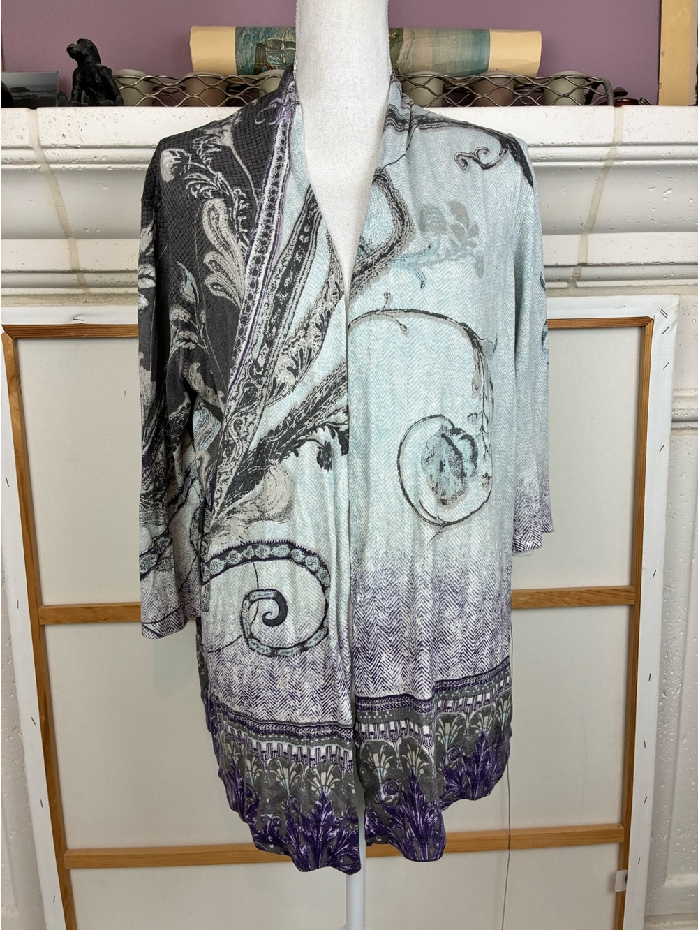 Chicos Open Cardigan w/Whimsical Aqua & Purple Scroll Print
